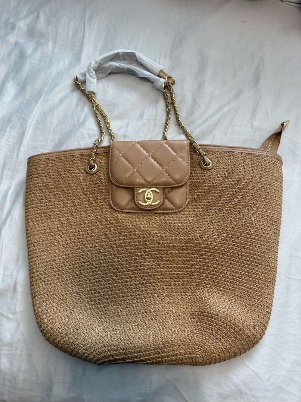 Quilted Trim Straw Tote in Tan